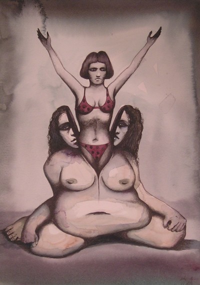 A disturbing tableau of three intertwined female forms.