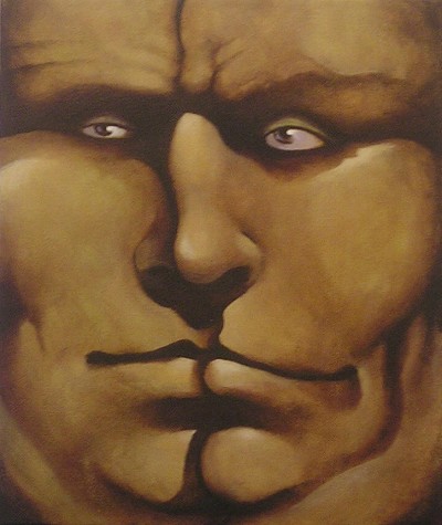 A distorted, unsettling, and slightly menacing portrait