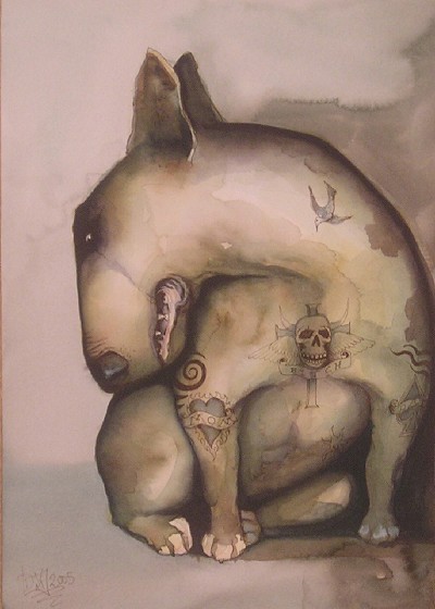 A melancholic, tattooed creature with a skull emblem.