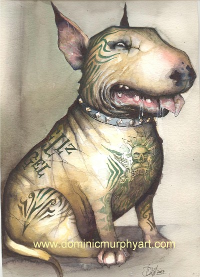 Menacing bulldog with tattoos and a studded collar