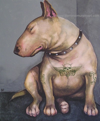 A brooding, tattooed bulldog with a menacing stare.