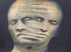Distorted faces conveying profound distress and internal conflict.
