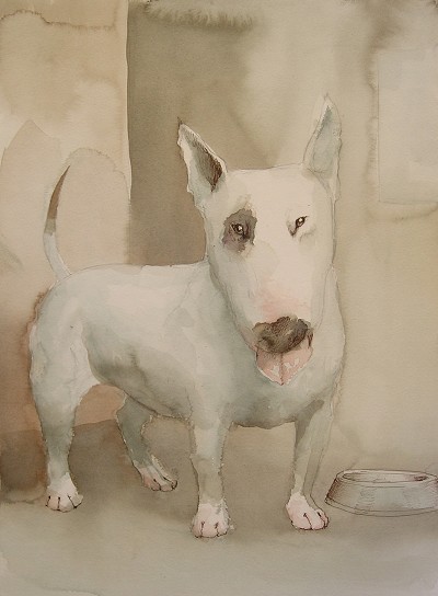 Melancholy canine waiting in muted tones.