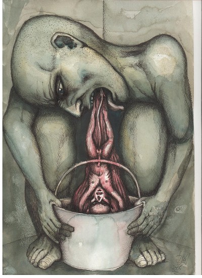 A disturbing and unsettling scene of self-consumption and despair.