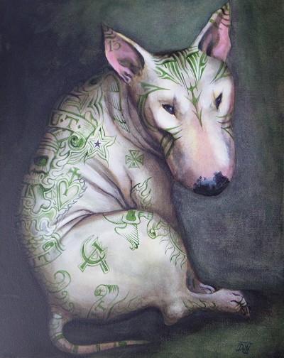 An unsettling blend of vulnerability and defiant symbolism.