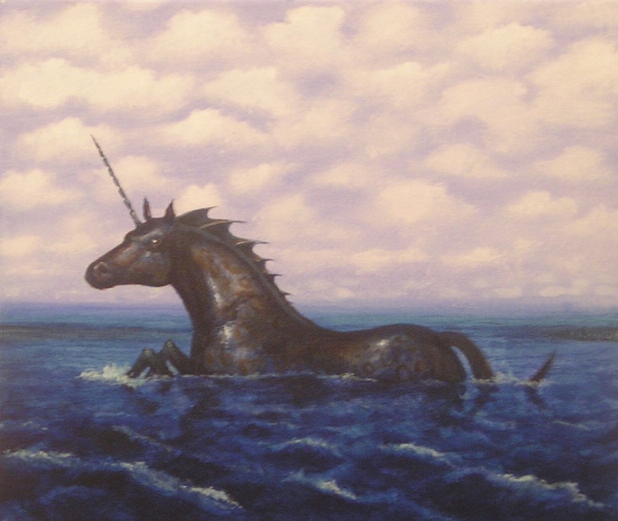 Melancholy and magical brooding beast in open water
