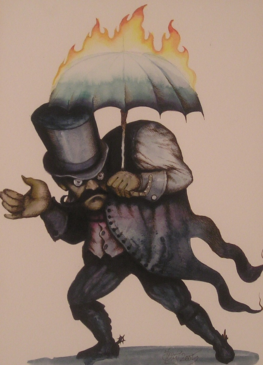 An absurdly besieged gentleman struggling with a fiery problem.