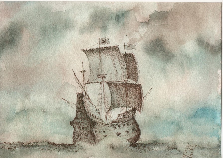 A lone ship battling stormy seas under a turbulent sky