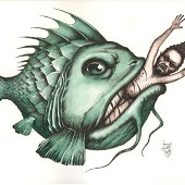 Man being devoured by a monstrous fish
