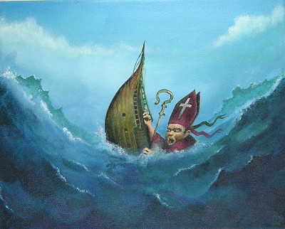 Desperate struggle in a stormy sea.