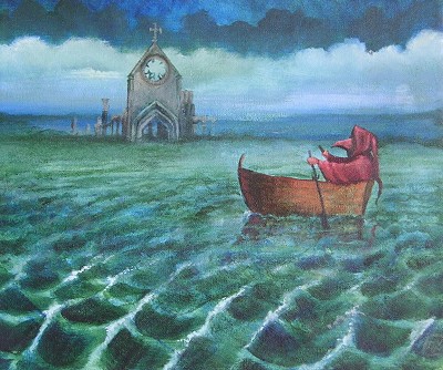 A lone figure journeys through a tempestuous, disorienting sea.