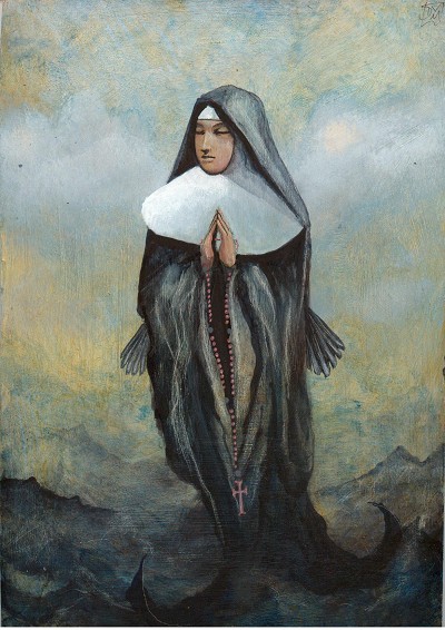 A figure in prayer, with an unsettling, mystical aura.