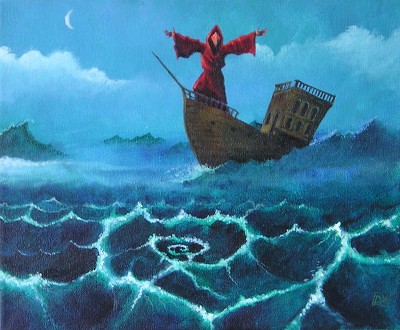 A dark, foreboding, and mystical scene of a person in a red robe on a sinking ship.