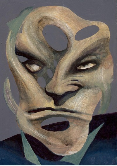 A unsettling, distorted visage with an unnervingly intense gaze.