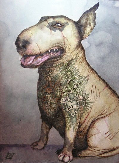 Ominous and slightly unsettling dog portrait with a tough, scarred appearance.