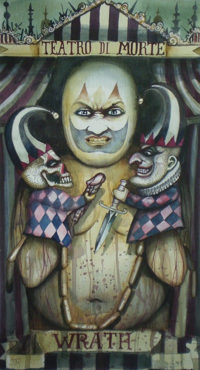 Menacing characters with a sinister theatre troupe atmosphere.