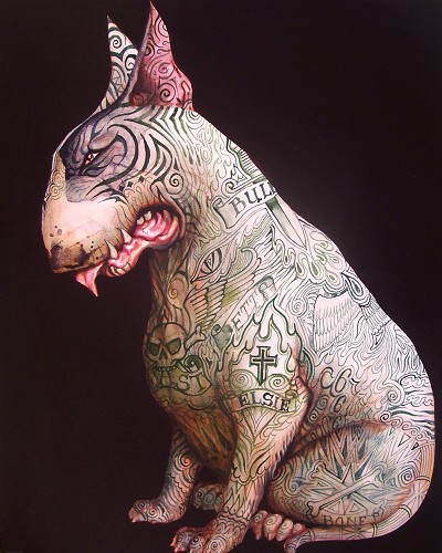 A menacing and tattooed creature against a dark, void-like background.