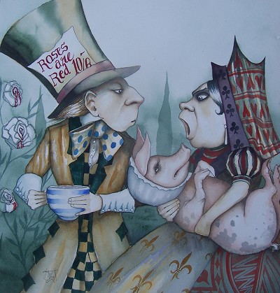 Unsettling, whimsical absurdity with a touch of menace.