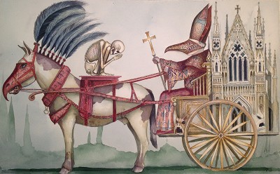 A macabre procession towards an imposing cathedral.