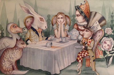 Weird and unsettling tea party with a sense of unease.