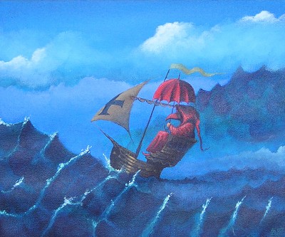 A lone figure braving a stormy sea