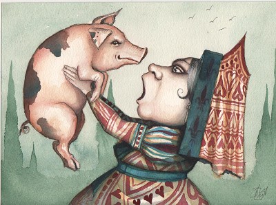 Unsettling scene of surreal, cartoon-like aggression and capture.